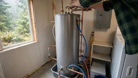 New tank water heater being connected in a small utility room