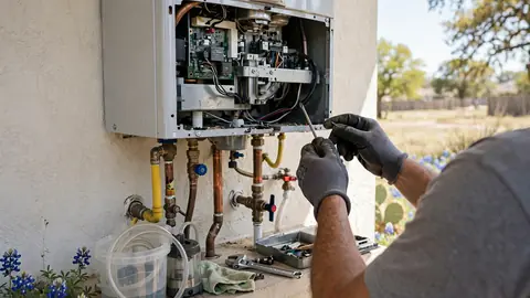 Technician with gloved hands working inside the open control panel of a tankless water heater