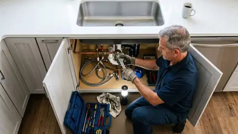 Plumber working under a kitchen sink with a tool case beside him