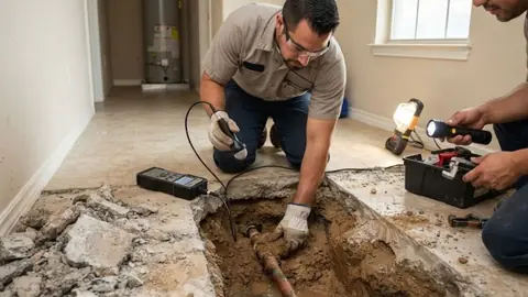 Two technicians at a hole cut in a concrete floor to reach a leaking copper pipe