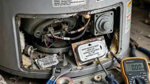 Water heater element access panel open with a multimeter and tools