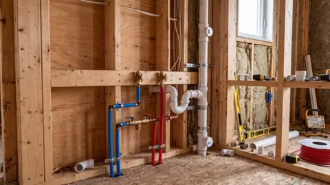 Framed wall with new supply lines and a drain stack roughed in