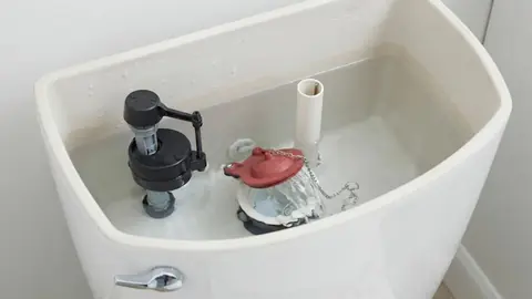Inside of a toilet tank showing the flapper and fill valve
