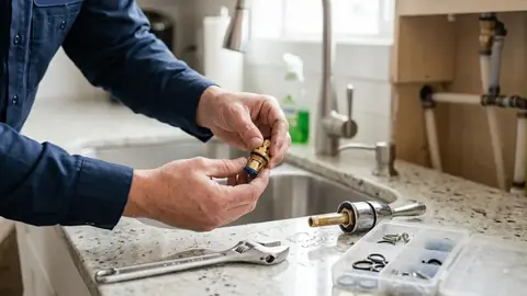 Plumber replacing parts on a kitchen faucet with a wrench and spare parts nearby