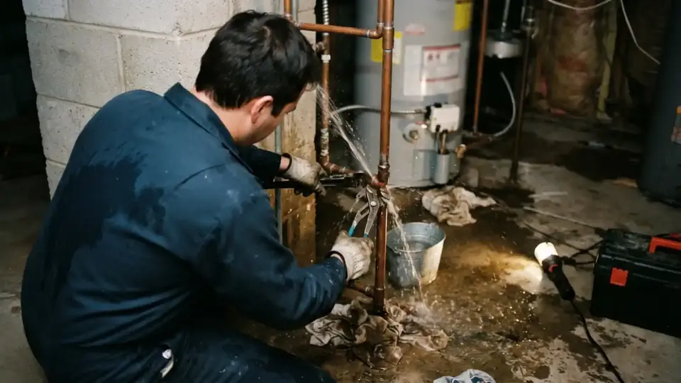 Plumber kneeling beside a water heater in a wet basement while repairing a broken line