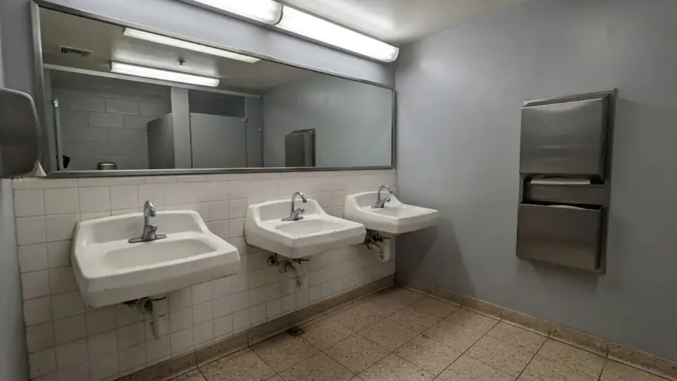 Commercial restroom with a row of wall mounted sinks