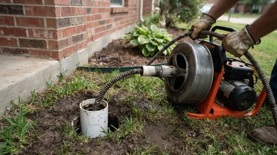 Drain machine set up at an outdoor cleanout with the cable feeding into the line
