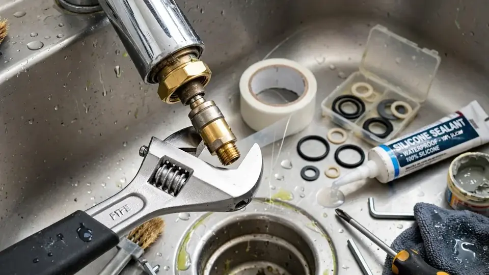 Faucet cartridge, seals and tools laid out beside a kitchen sink drain