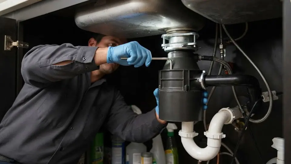 Technician working on a garbage disposal under a kitchen sink