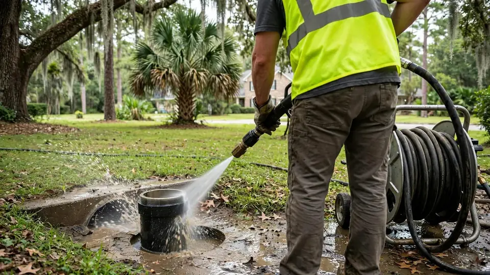 Technician in a safety vest running a high pressure jetting hose into a yard cleanout