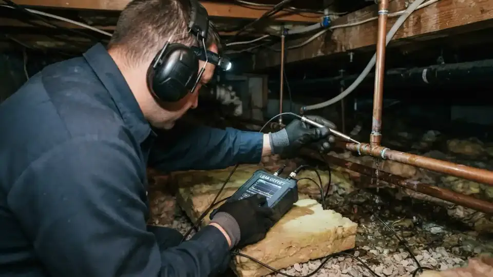 Technician wearing headphones and using a listening device in a crawlspace to locate a leak in copper pipe
