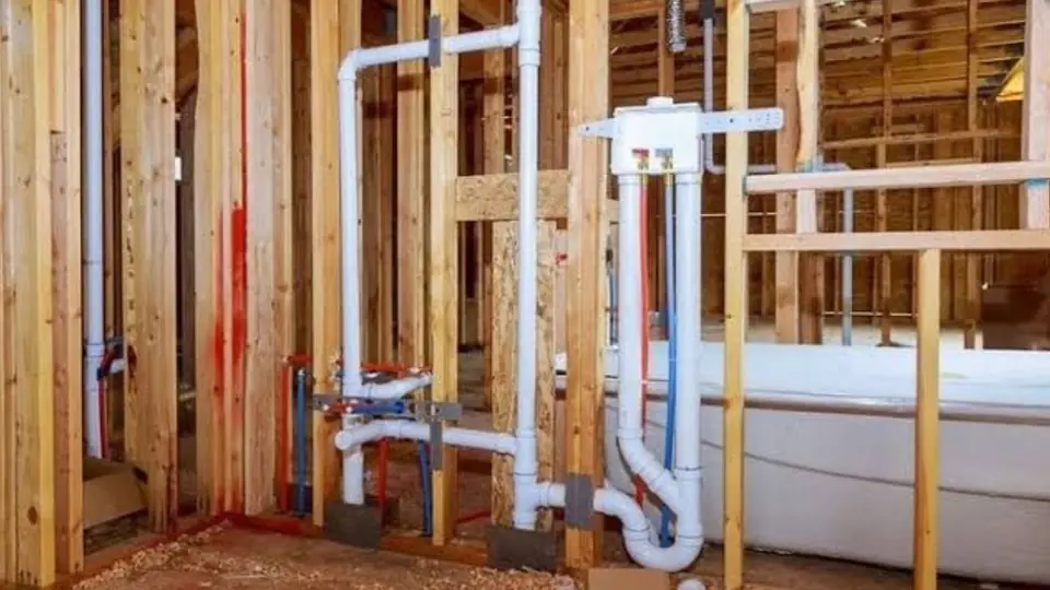 Rough-in plumbing for a new bathroom with white drain pipes framed into the wall