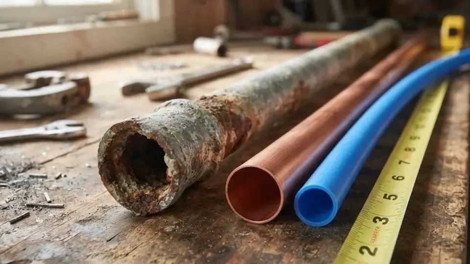 Old rusted pipe beside new copper and blue PEX pipe on a workbench