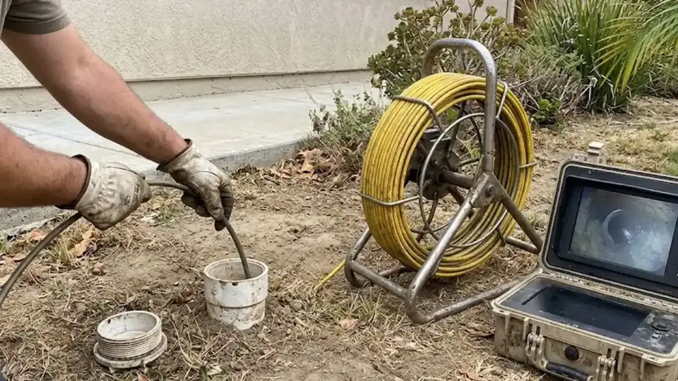Camera reel and monitor set up beside a white sewer cleanout in a yard