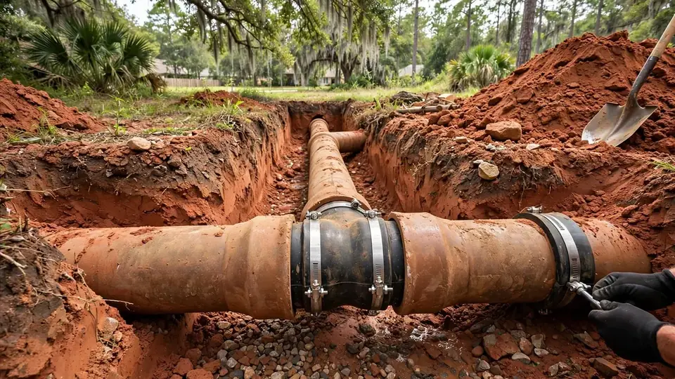 Exposed sewer pipe in a trench with a repair coupling at each end