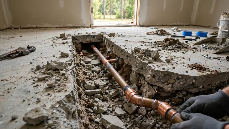 Opened concrete slab with a copper water line exposed for repair