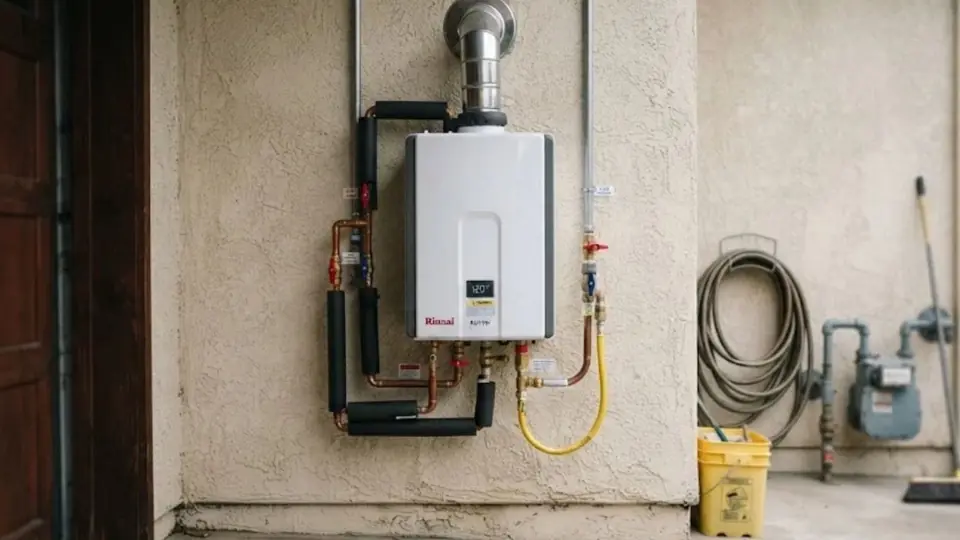 Wall mounted tankless water heater with its vent pipe and gas line on an exterior wall