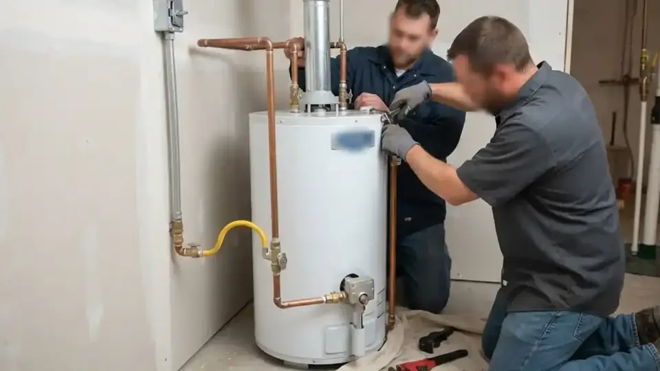 Two plumbers working on a new tank water heater in a utility room
